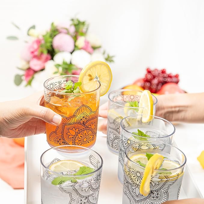 bzyoo BPA-Free Designed Dishwasher Safe 14 oz Plastic Tumbler Set which is Durable and Stackable Great For Parties, Anniversaries (6 PCS, Mandala Black)