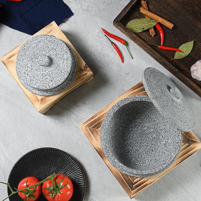 Bibimbap Bowl with Lid, Korean Stone Bowl Cooking Pot with Wood Tray, Natural Stone Bowl Hot Pot for Korean Restaurants, Soup, Rice, Stew,12cm/4.7inch