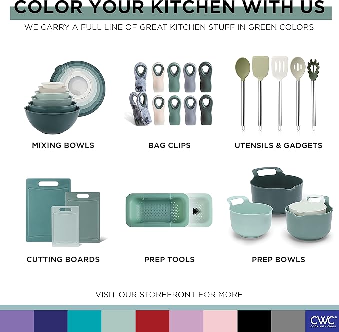 COOK WITH COLOR Mixing Bowls with TPR Lids - 12 Piece Plastic Nesting Bowls Set includes 6 Prep Bowls and 6 Lids - Microwave Safe (Sage)