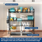 MOUKABAL Dish Drying Rack - Stainless Steel Over The Sink Dish Drying Rack (Expandable Length), 2 Tier Large Dish Rack with Utensil Holder, 32.3" - 33.9"(L) x 11.4"(W) x 32.3"(H) Black