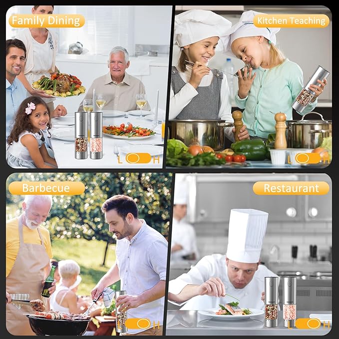 Electric Salt and Pepper Grinder Set Rechargeable, Auto One-handed Operation Pepper Mill with LED Light, EXT. Coarseness Adjustment, 2-Speed Control, Stainless Steel Salt Shakers (2 Pack)