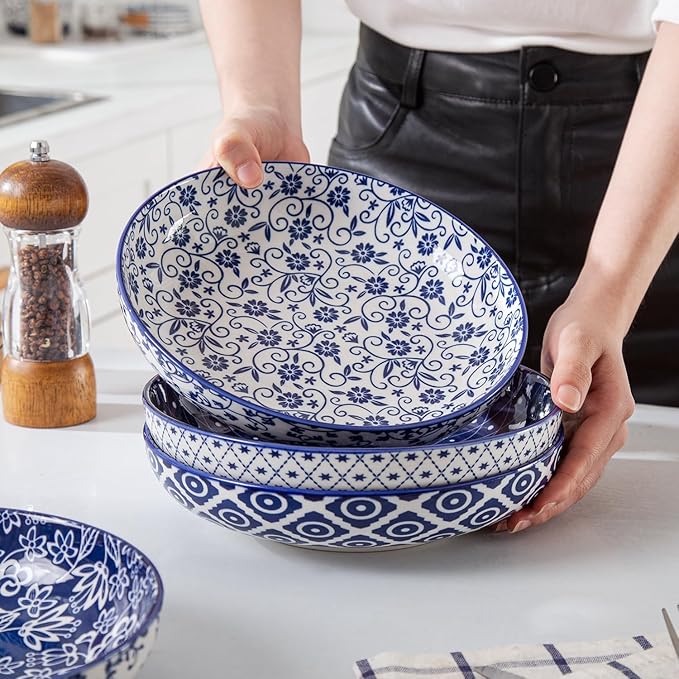 Ceramic Pasta Bowls Set - 32 OZ Porcelain Serving Soup Cereal Bowls 8.5 inch Wide and Shallow Salad Dinner Bowls - Microwave Dishwasher Oven Safe - Set of 4 - Vintage Blue