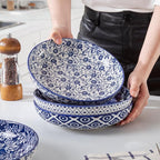 Ceramic Pasta Bowls Set - 32 OZ Porcelain Serving Soup Cereal Bowls 8.5 inch Wide and Shallow Salad Dinner Bowls - Microwave Dishwasher Oven Safe - Set of 4 - Vintage Blue