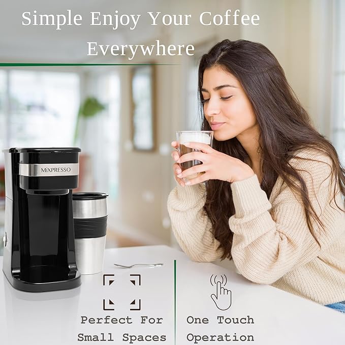 Mixpresso Personal Single-Serve Coffee Maker & 14oz Travel Mug, Drip Small Coffee Maker & Tumbler, Auto Shut Off & Reusable Filter, Compatible with Coffee Grounds Bundle With Electric Milk Frother - L