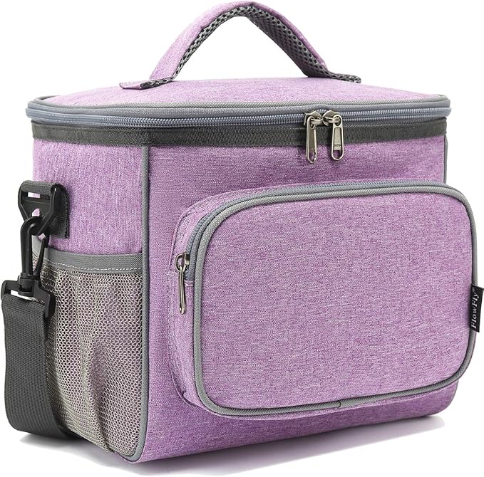 FlowFly Insulated Reusable Lunch Bag Adult Large Lunch Box for Women and Men with Adjustable Shoulder Strap,Front Zipper Pocket and Dual Large Mesh Side Pockets,Purple