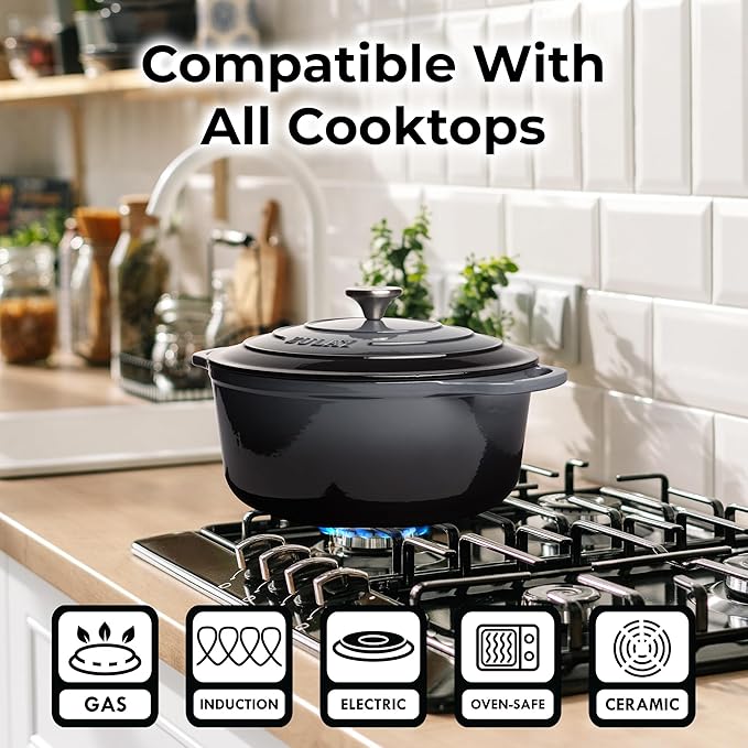Zulay Kitchen 6 Quart Enameled Cast Iron Dutch Oven with Lid, Silicone Trivet & Heat Pad – Premium Durability & Oven Safe up to 500°F – Heavy Duty Cookware Perfect for Bread Baking, Stews, Braising & Roasting – Gray