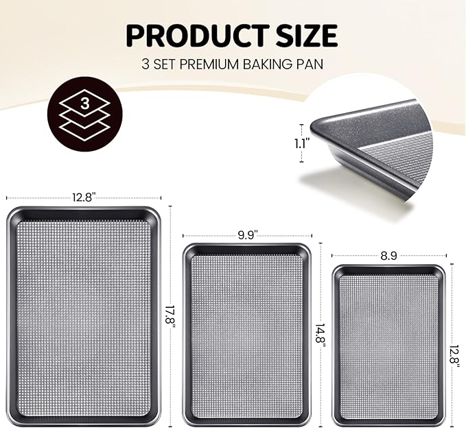Vinino Baking Sheet Set of 3, Cookie Sheets For Baking with Square Texture Pattern, Thicker Carbon Steel Non-stick Baking Pan Half/Quarter/Jelly Roll Pans Tray for Oven-Grey