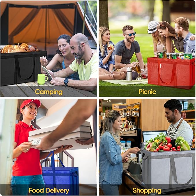 BALEINE 2Pk Insulated Reusable Grocery Bags, Collapsible Cooler Bag for Groceries, Heavy Duty Large Insulated Bag (24''x14''x15'', Urban Gray)