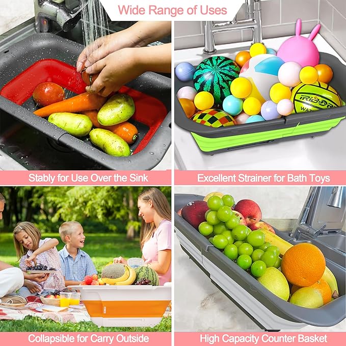 ROTTOGOON 7Qt Collapsible Colander Strainer, Expandable Over the Sink Colanders, Adjustable Silicone Kitchen Sink Strainer, Foldable Large Colander Basket to Wash Vegetable, Fruit, 15" to 19.11", Pink