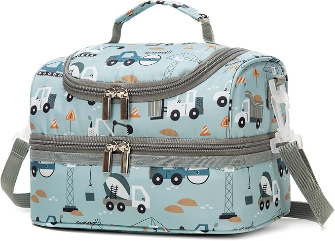 Insulated Kids Dual Compartment Lunch Bags Tote for Girls Boys Toddler Lunch Boxes Pre-School Toddler Kindergarten Picnic Camp Food Cooler Thermal with Strap (Z Light Blue Car)