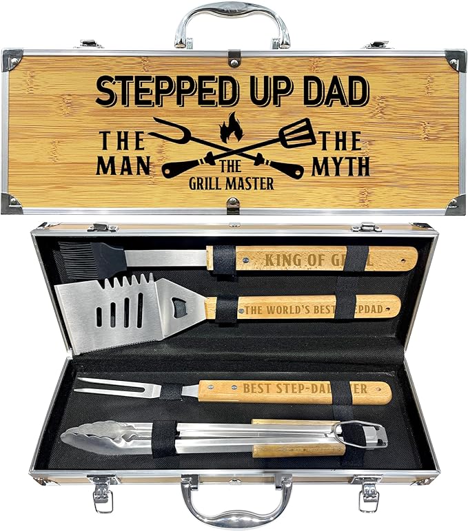 Step Dad Gifts from Daughter Fathers Day Heavy Duty Wooden BBQ Grilling Accessories Kit for Backyard, Thick Stainless Steel Grill Utensils with Non-Slip Handle Tools in Portable Bag Birthday