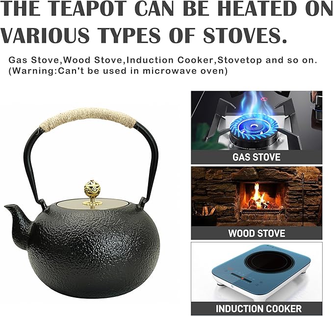 40.6oz Cast Iron Teapot for Stovetop, Japanese Tetsubin with Enamel, Black Tea Pot with Stainless Steel Infuser for Loose Tea, 1200ml Small Tea Kettle(Spherical Shape)