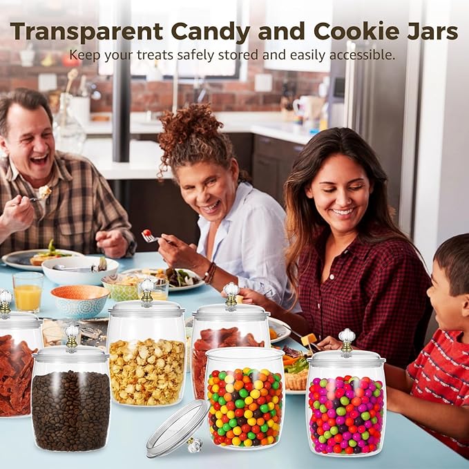 6 Pcs Candy and Cookie Jars, 74 oz Transparent Plastic Jars with Lids, Decorative Storage Containers with Scoops, Labels, and Markers, Airtight Food Canisters for Candy Buffets, Kitchens