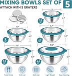 Herogo 5-Piece Mixing Bowls with Airtight Clear Lids, 3 Grater Attachments, Stainless Steel Large Bowls of 5 for Kitchen, Size 4.6, 3.5, 2.5, 2, 1.5QT Ideal for Mixing and Serving, Blue