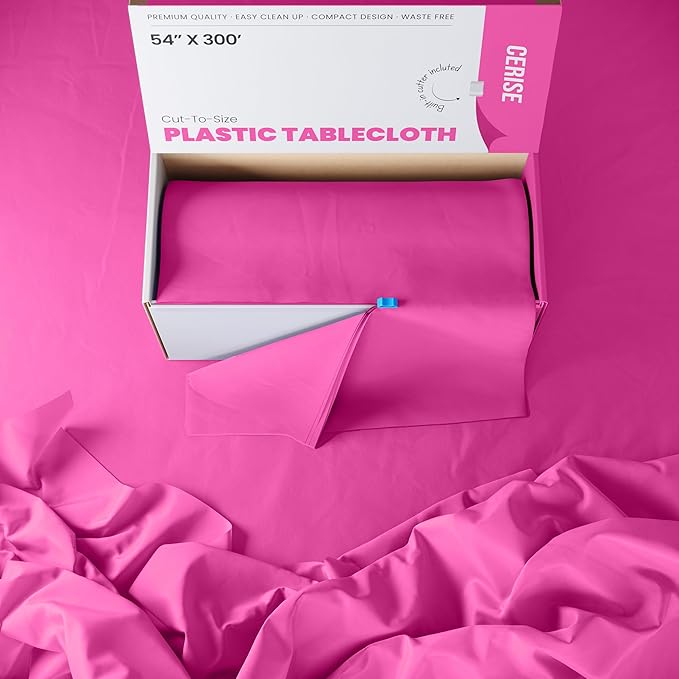 Exquisite Party Solids 54 Inch X 300 Feet Cerise Plastic Table Cover Roll in A Cut - to - Size Box with Convenient Slide Cutter. Cuts Up to 36 Rectangle 8 Feet Plastic Disposable Tablecloths