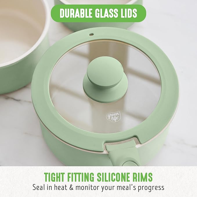 GreenLife 10 Piece Nonstick Pots & Pans Set, Detachable Handle & Stackable Cookware Set, Non Toxic PFAS-Free Skillets, Induction Kitchen Pans, Space Saving, Serving Bowls, Oven Safe, Sage Green