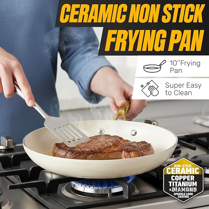 Gotham Steel 15 Pc Ceramic Cookware Set, Ceramic Pots and Pans Set Non Stick with Cooking Utensils and Steamer, Non Toxic PFOA PFOS Free, Premium Gold Stay Cool Handles, Oven & Dishwasher Safe