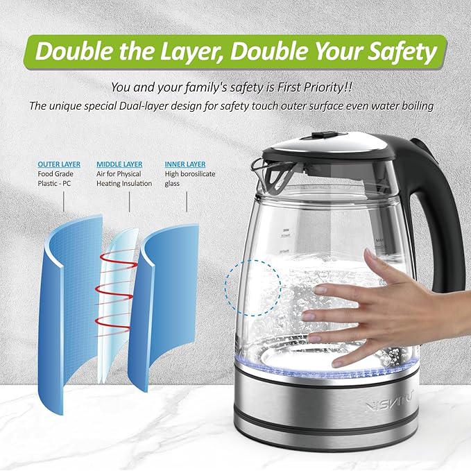 Glass & Stainless Steel Cordless Electric kettle for boiling water, Hot water boiler Electric Tea Kettle automatic shut off Boil-Dry Protection, PC Outer + Glass Inner, 1500W, 1.7L, BK