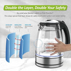 Glass & Stainless Steel Cordless Electric kettle for boiling water, Hot water boiler Electric Tea Kettle automatic shut off Boil-Dry Protection, PC Outer + Glass Inner, 1500W, 1.7L, BK