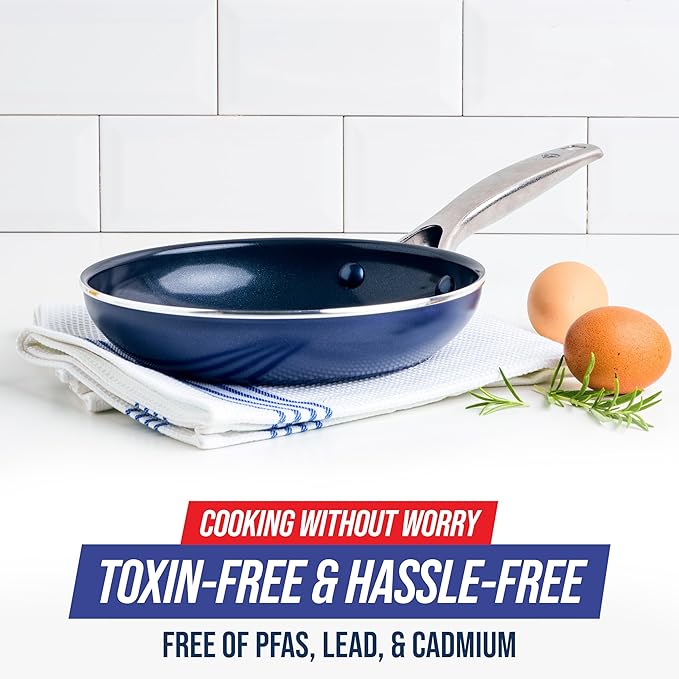 Blue Diamond 8" Nonstick Frying Pan Skillet, Diamond Infused PFAS & PTFE-Free Ceramic Pot, Dishwasher & Oven Safe, Stay Cool Handle, Durable Non Toxic Metal Utensil Safe, Egg & Omelet Pan, Blue