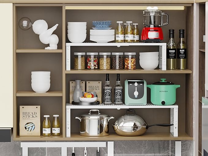 Adjustable Expanable Stackable Spice Rack Shelf Pantry Storage Organizer for Kitchen Cabinet,Countertop,Bathroom and More.Space is no Longer Limited(3Packs/White/Large)