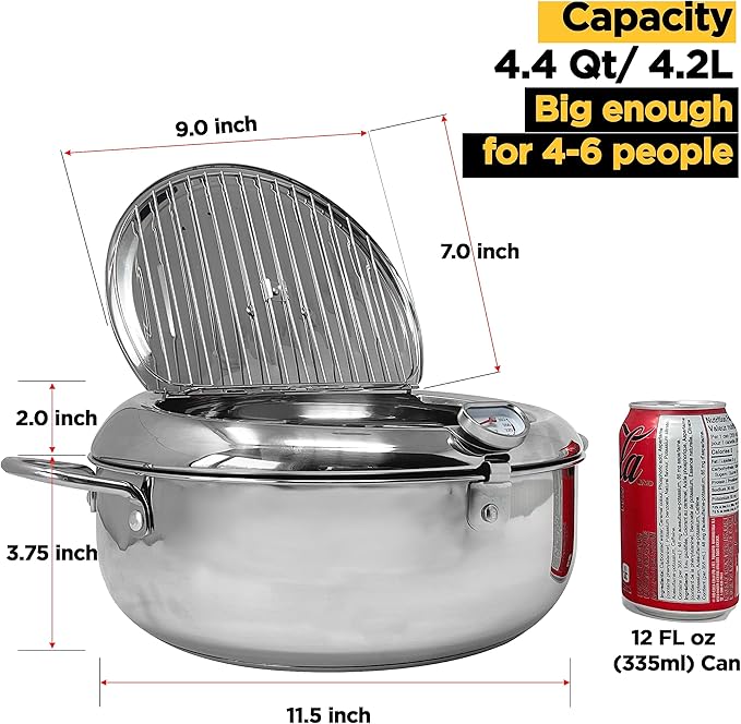 Deep Fryer Pot (°F), 11"/4.4Qt (4.2 L) Extra Large Tempura Frying Pot with Lid, 304 Stainless Steel Fry Pot with Fahrenheit Thermometer and Oil Drip Drain Rack