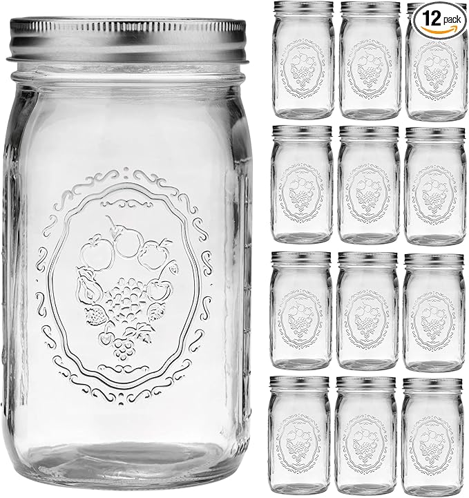 Mason Jars 32 oz Wide Mouth - 12 Pack Quart Glass Mason Jars with Airtight Lids and Bands for Canning, Pickling, Food Storage, Fermenting, Leak Proof, Reusable