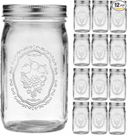 Mason Jars 32 oz Wide Mouth - 12 Pack Quart Glass Mason Jars with Airtight Lids and Bands for Canning, Pickling, Food Storage, Fermenting, Leak Proof, Reusable