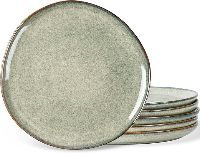 AmorArc Ceramic Dinner Plates Set of 6,10.5 Inch Handmade Reactive Glaze Stoneware Plates,Rustic Shape Dinnerware Dish Set for Kitchen,Microwave & Dishwasher Safe,Scratch Resistant-Reactive Color