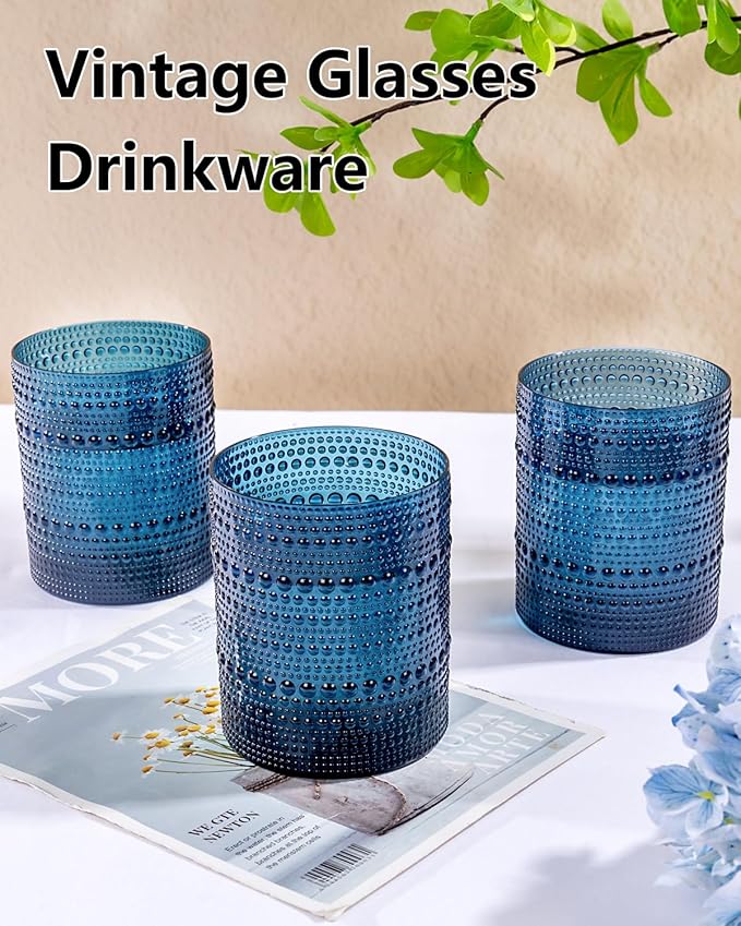 YOUBET 24PCS Plastic Drinking Glasses - 14OZ Blue Hobnail Drinkware Glasses - Vintage Glassware Textured Beaded Cups for Water, Beer, Whiskey, Juice and Various Mixed Drinks