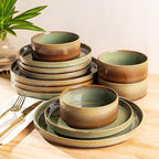TheTerra Ceramic Dinnerware Sets for 4, 12 Pieces Porcelain Lightweight Plates and Bowls Sets, Scratch Resistant Dish Set, Oven & Microwave & Dishwasher Safe, Brown Green