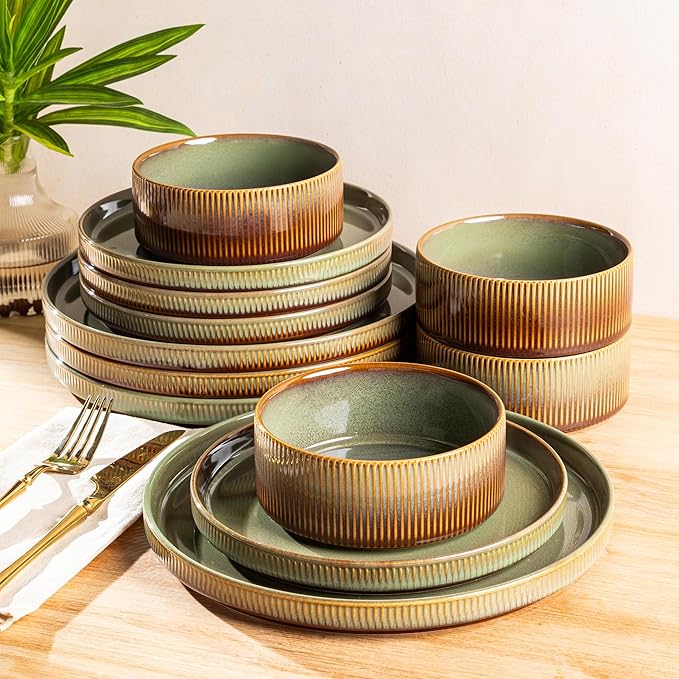 TheTerra Ceramic Dinnerware Sets for 4, 12 Pieces Porcelain Lightweight Plates and Bowls Sets, Scratch Resistant Dish Set, Oven & Microwave & Dishwasher Safe, Brown Green