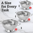 PriorityChef Premium Stainless Steel Colander for Kitchen, Durable Rice and Pasta Strainer with Handle, Rust-Resistant & Dishwasher Safe, 3/4/5 Qt