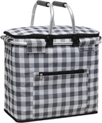Insulated Picnic Basket,40L Leak-Proof Cooler Bag,Grocery Basket with Lid,2 Sturdy Handles,Storage Basket for Picnic, Picnic Basket for 4 Persons (Black Grid)