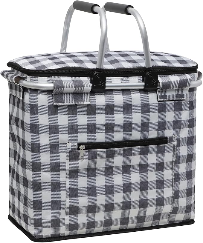 Insulated Picnic Basket,40L Leak-Proof Cooler Bag,Grocery Basket with Lid,2 Sturdy Handles,Storage Basket for Picnic, Picnic Basket for 4 Persons (Black Grid)
