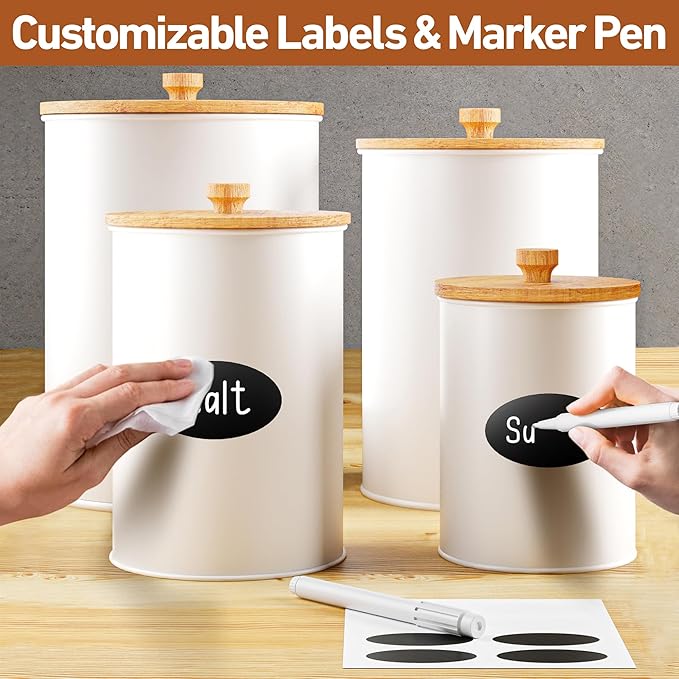 Kitchen Canisters for Countertop Set of 4 with Customizable Chalkboard Labels & Marker Pen - Big Iron Kitchen Canisters with Airtight Lids - White Canister Set - Flour and Sugar Containers Farmhouse