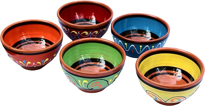 Cactus Canyon Ceramics Salsa Bowls - Spanish Terracotta Multicolor Decor - Small Serving Bowl (European Size), Festive Dinnerware 5 Piece Set - Dishwasher & Microwave Safe