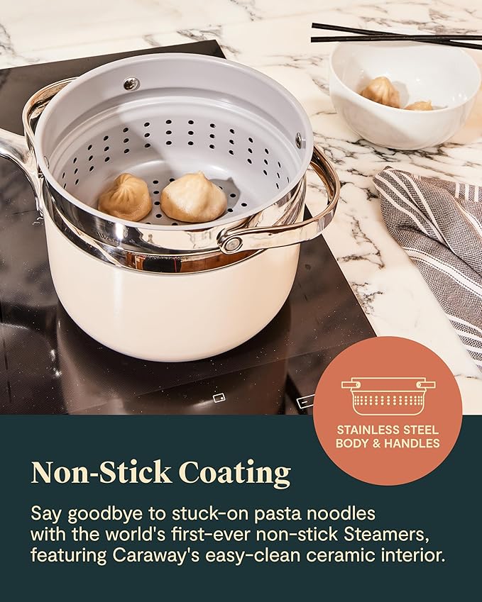 Caraway Steamer - Stainless Steel Steamer with Handles - Non Stick, Non Toxic Coating - Steam Veggies, Seafood, and More - Compatible With Our Dutch Oven or Sauce Pan - Small