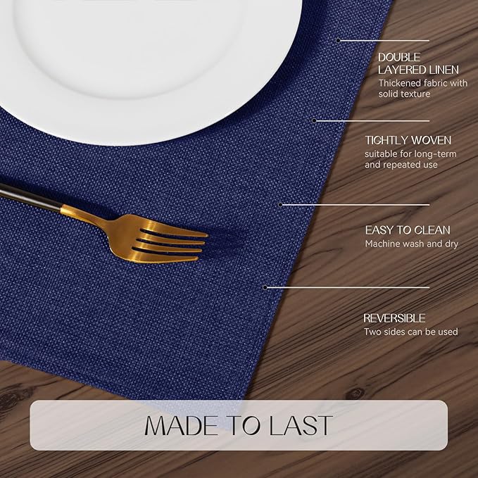 Romanstile Cloth Placemats Set of 4-12 x 18 Inch, Heat Resistant Double Layered Thickened Burlap Place Mats, Washable Faux Linen Farmhouse Table Mats for Kitchen/Dining/Party/Outdoor, Navy Blue