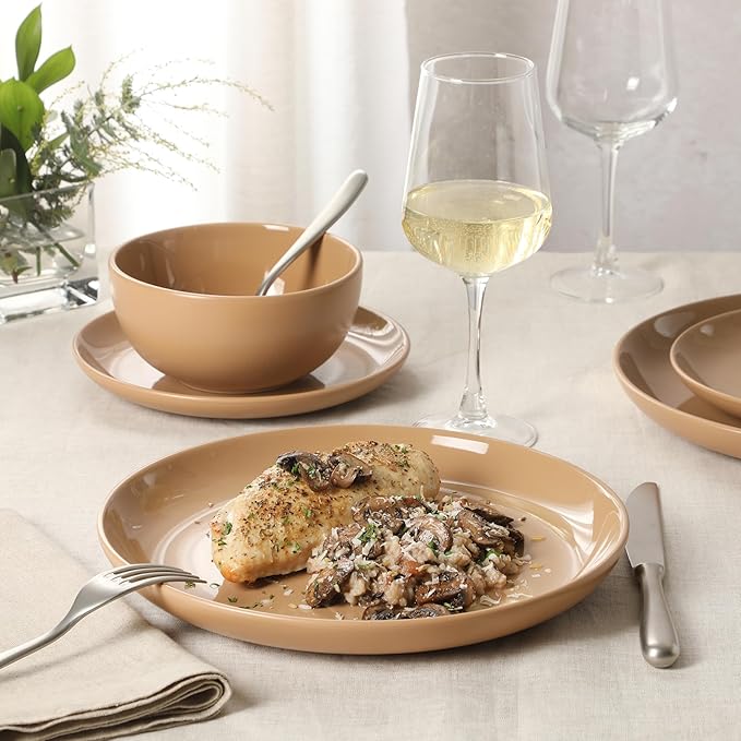 Gibson Home Rockaway 12-Piece Round Stoneware Dinnerware Set, Service for 4 – Beige Plates and Bowls, Modern Matte Finish, Microwave & Dishwasher Safe