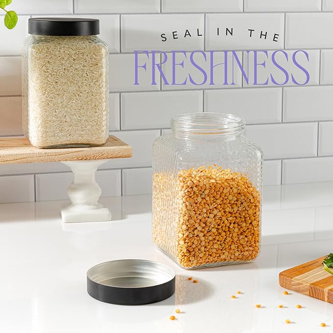 80oz Large Glass Kitchen Canister with Lid, Pantry & Countertop Organizing Storage Jar for Flour, Sugar, Coffee, Larger than Half Gallon Glass Container Set of 2 - Black Metal Lids