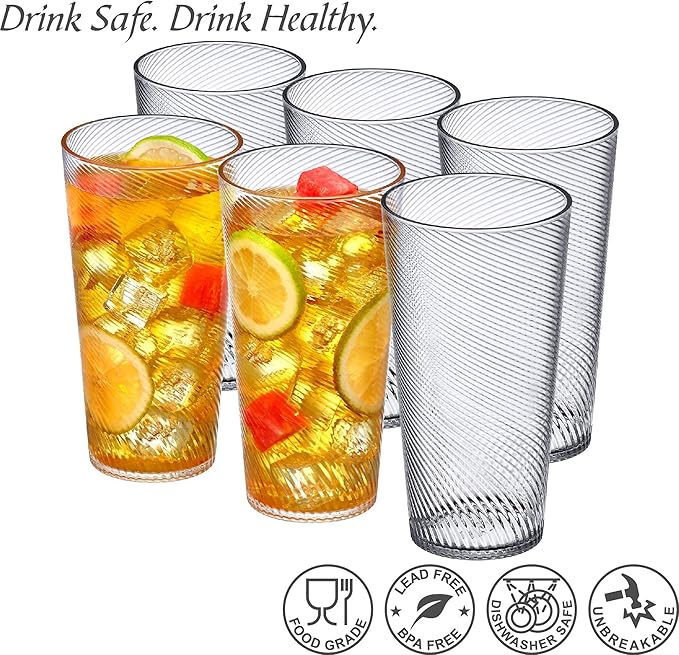 Amazing Abby Breeze - 30-Ounce Plastic Tumblers (Set of 6), All-Clear Reusable Cups, Stackable, BPA-Free, Shatter-Proof, Dishwasher-Safe