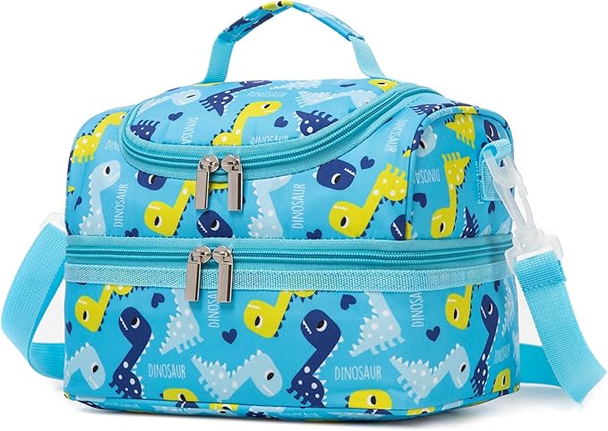 Insulated Kids Dual Compartment Lunch Bags Tote for Girls Boys Toddler Lunch Boxes Pre-School Toddler Kindergarten Picnic Camp Food Cooler Thermal with Strap (Blue Dinos)