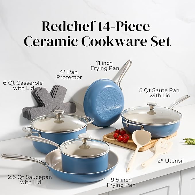 Redchef Ceramic Nonstick Cookware Set,14pcs Pots and Pans Set Non Stick,Induction Cookware with Stainless Steel Handle,Non Toxic Kitchen Cooking Set,Dishwasher & Oven Safe,PFAS PFOA & PTFE Free（Blue）