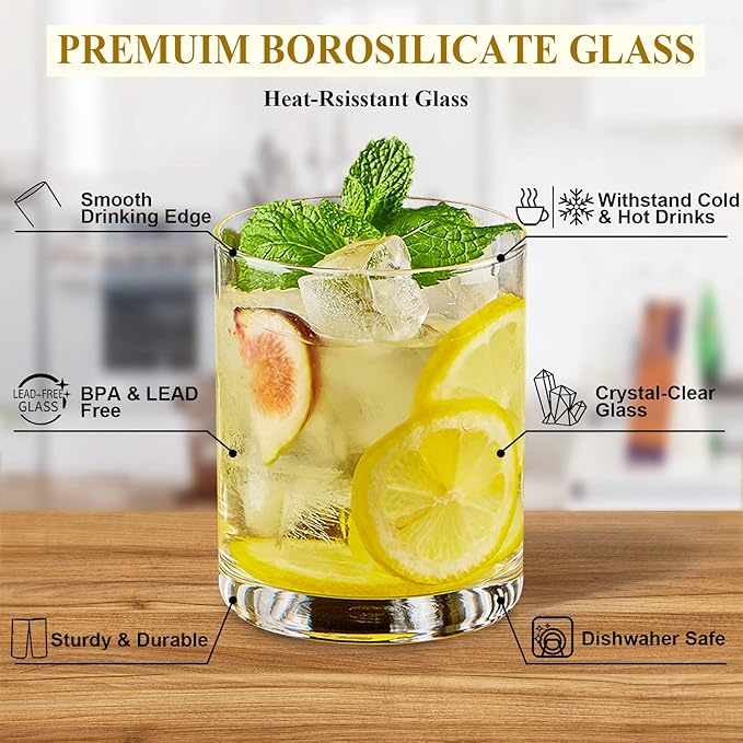 Heat-Resistant Drinking Glasses Set of 6 Double Fashioned Glass Lowball Tumblers 13.8oz Made From Premium Borosilicate All Crystal-Clear Water Cups (High borosilicate, Lowball)