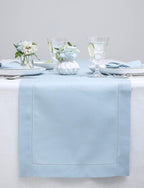 Solino Home Linen Sky Blue Table Runner 48 Inches - Classic Hemstitch, 100% Pure Linen Coffee Table Runner 14 x 48 Inch Ideal for Dresser Tables - Summer