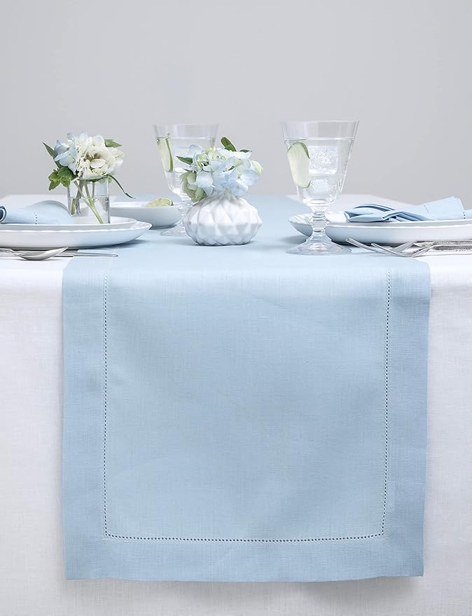 Solino Home Linen Sky Blue Table Runner 72 Inches Long - 100% Pure Linen Hemstitch Table Runner 14 x 72 Inch for Dresser, Dining and Summer - Classic Hemstitch