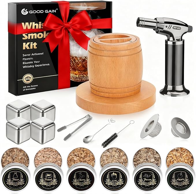 G GOOD GAIN Whiskey Smoker Kit with Torch - Old Fashioned Cocktail Smoker Kit with 6 Flavors Wood Chips | Drink Bourbon Infuser Set with 4 Stainless Steel Ice Stone for Men, Dad (No Fuel Included)