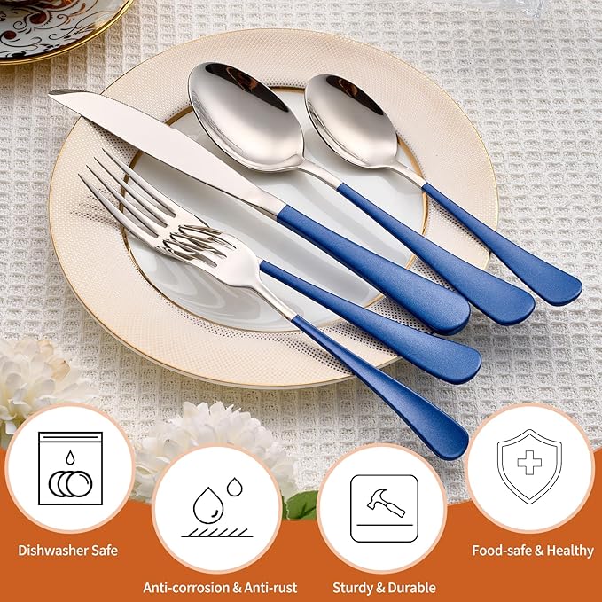 20 Piece Blue 18/0 Flatware Utensil Set for 4, Include Dinner Knife,Dinner Forks,Dinner Spoons,Salad Forks,Teaspoons,Silverware Set for 4, Dishwasher Safe