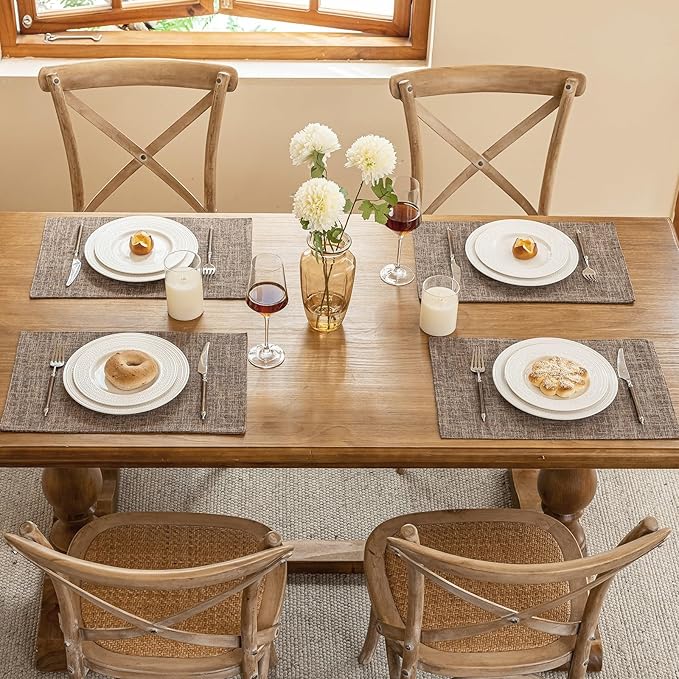 Blue Forest Placemats Set of 6, Dual-Layered Thickened Faux Linen Cloth Place Mats Heat Resistant Machine Washable Wrinkle Free Table Mats Indoor/Outdoor (Burlap)